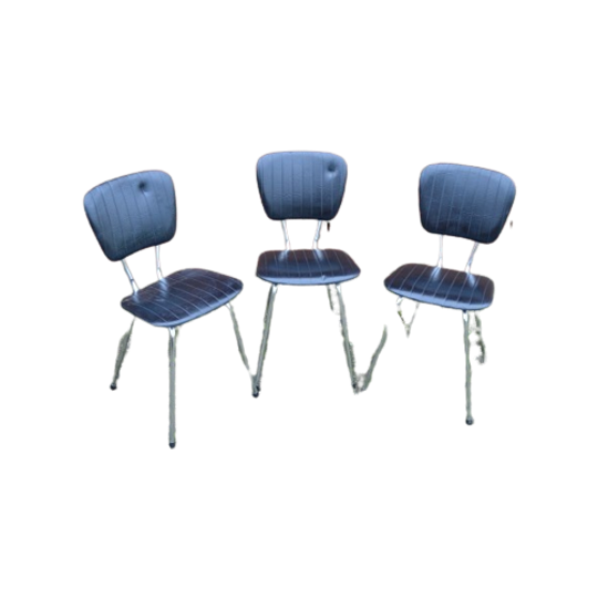 Twee Retro Soudexvinyl Stoelen Skai Leder Zwart, 3 Stuks 1
