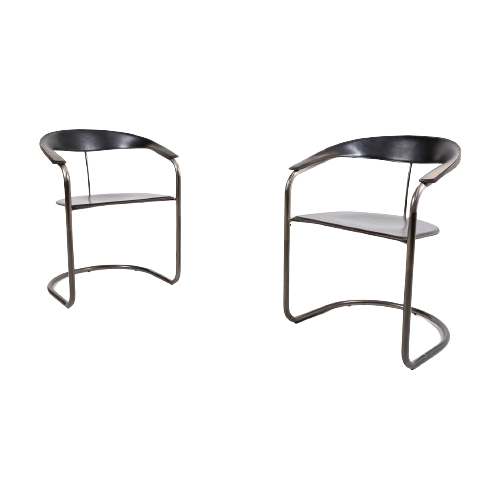 Vintage Italian Black Leather ‘Canasta’ Chairs / Eetkamerstoelen From Arrben, 1980’S