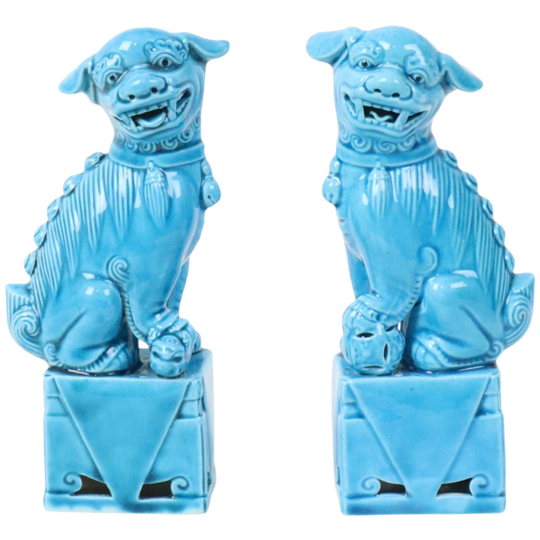 Koppel Blauw Geglazuurde Beeldjes Foo Dog Tempelleeuw 16cm 1