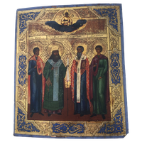 Russische Icoon, 19 De Eeuw - Jezus Christus In De Wolken Over 4 Uitverkoren Heiligen