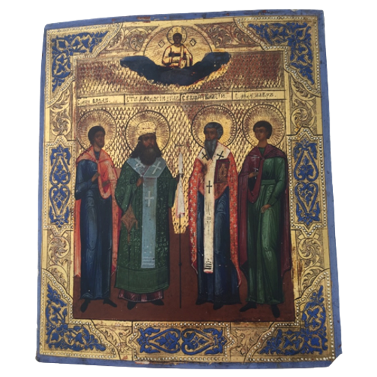 Russische Icoon, 19 De Eeuw - Jezus Christus In De Wolken Over 4 Uitverkoren Heiligen 1