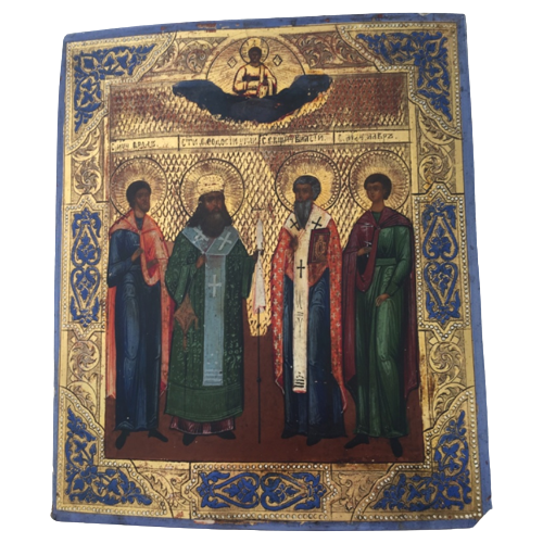 Russische Icoon, 19 De Eeuw - Jezus Christus In De Wolken Over 4 Uitverkoren Heiligen