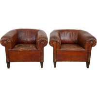 Set Van Twee Waanzinnige Antieke Lederen Clubfauteuils, Geweldig Patina