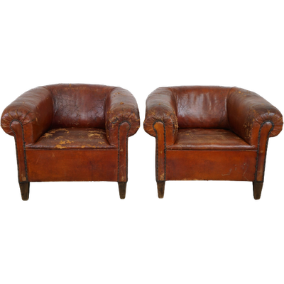 Set Van Twee Waanzinnige Antieke Lederen Clubfauteuils, Geweldig Patina