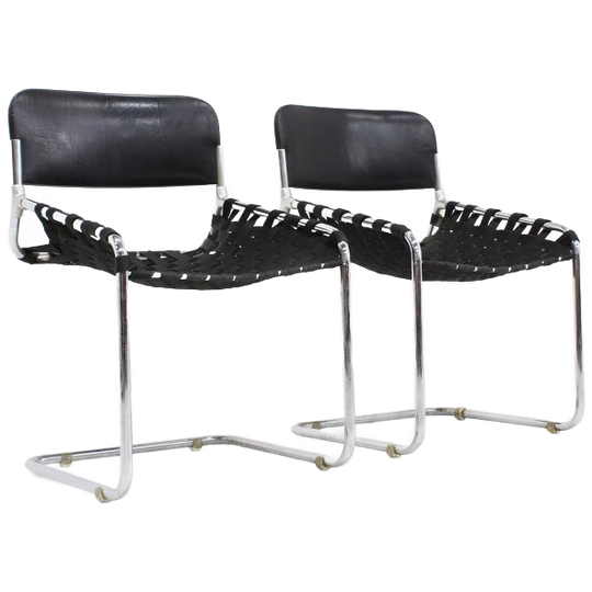 Vintage Italiaanse Stoelen Zwart Leer En Chroom, Jaren 70 1