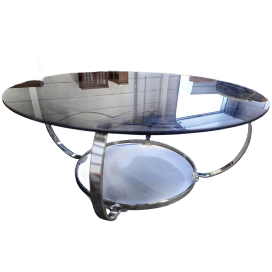 Vintage Chromen Coffee Table / Salontafel Met Fumé Glas 1