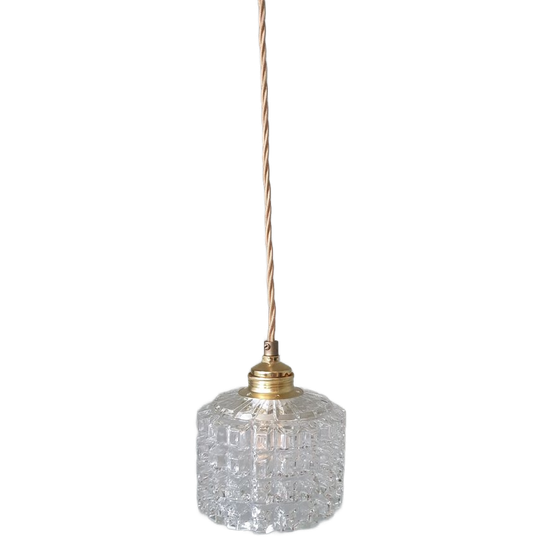 Vintage Mid Century Hanglamp Van Helder Glas Met Rasterpatroon 1