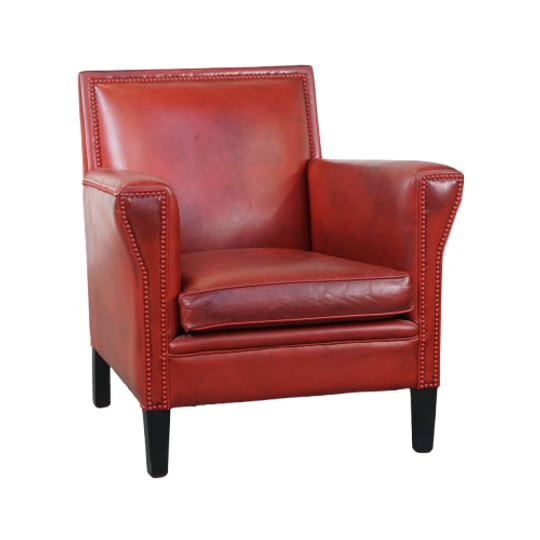 Unieke, Stijlvolle Rood Geverfde Armchair Gemaakt Van Schapenleer 1