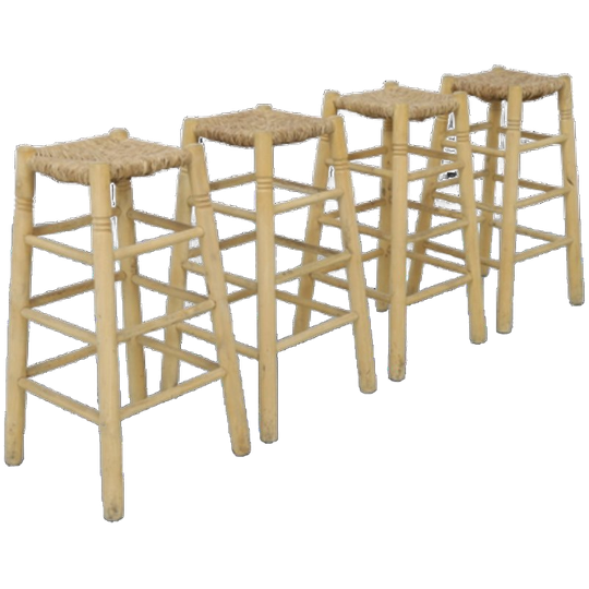 4x Vintage Barkruk Hout En Riet 1970s 1
