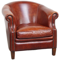 Zeer Mooie Cognac-kleurige Rundleren Clubfauteuil In Engelse Stijl Correct Afgewerkt Met Siernage