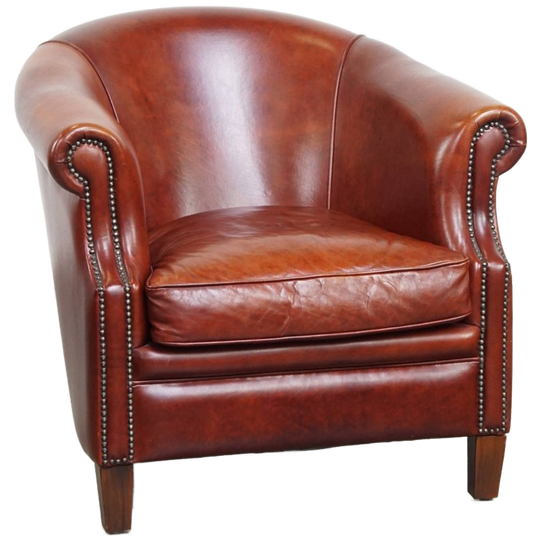 Zeer Mooie Cognac-Kleurige Rundleren Clubfauteuil In Engelse Stijl Correct Afgewerkt Met Siernage 1