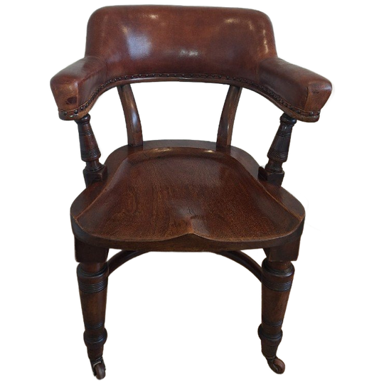 Antieke (ca 1860) Engelse Mahonie Bureaustoel Met Schapenleren Stoffering En Originele Wielen 1