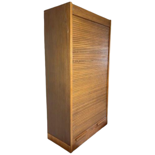 Vintage Teak Tambour Office Cabinet | Roldeurkast Hout Lades