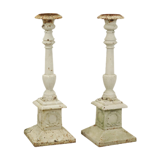 Koppel Antieke Witte Kandelaars Xl Gietijzer Frankrijk 19de Eeuw 71cm 1