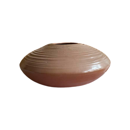 Vintage Ceramic Beige Terracotta Ribbel Ronde Vaas D36Cm