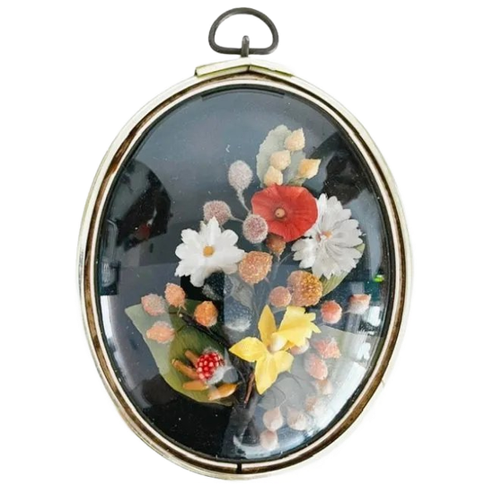 Vintage Artilux France Zijdebloemen Schilderijtje Bolglas Wandhanger 1950’s 1