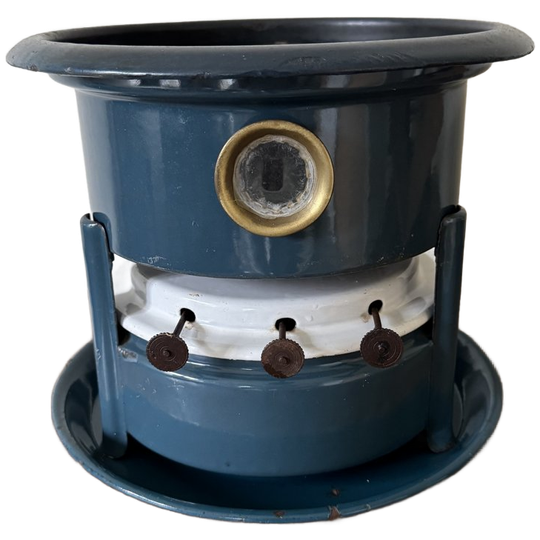 Vintage Blauw Emaille Petroleumstel – 3 Lonten – Met Onderbord 1