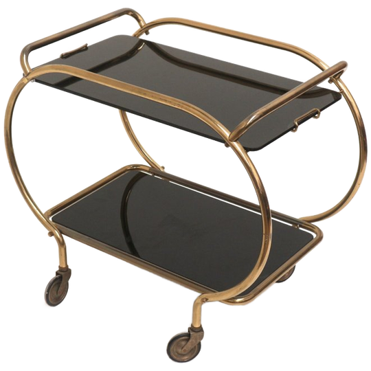 Messing En Zwart Glazen Barwagen / Serveerwagen / Bijzettafel Van Grünstadt 1