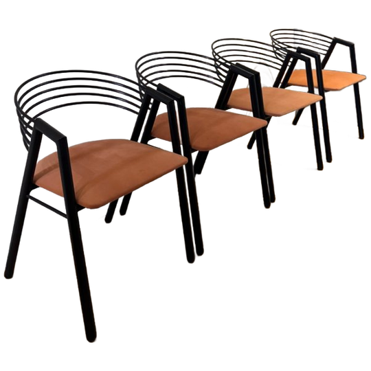 Set Of 4 - 1980s Sculptural Black Steel Chairs W/ Peach-terracotta Seats — Set Of 4 1