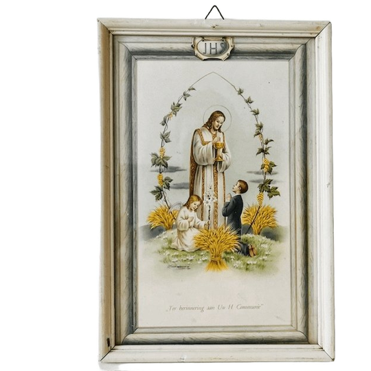 Vintage Religieuze Ingelijste Prent Heilige Communie 1950’s 1