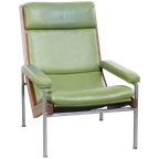 Zeer Comfortabele En Tijdloze Groene Rundleren En Houten Vintage Jaren ’60 Design Fauteuil thumbnail 1