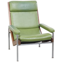 Zeer Comfortabele En Tijdloze Groene Rundleren En Houten Vintage Jaren ’60 Design Fauteuil