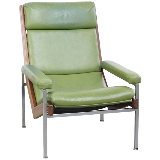 Zeer Comfortabele En Tijdloze Groene Rundleren En Houten Vintage Jaren ’60 Design Fauteuil 1