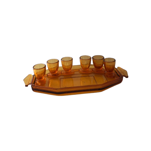 Vintage Tray With Shot Glasses Pressed Glass Amber