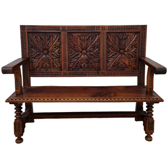 Antieke, Vintage Walnoot Houten Kerkbank, Halbank, Bank 1