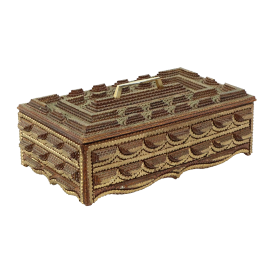 Grote Houten Tramp Art Doos Volkskunst Goud 20ste Eeuw 1