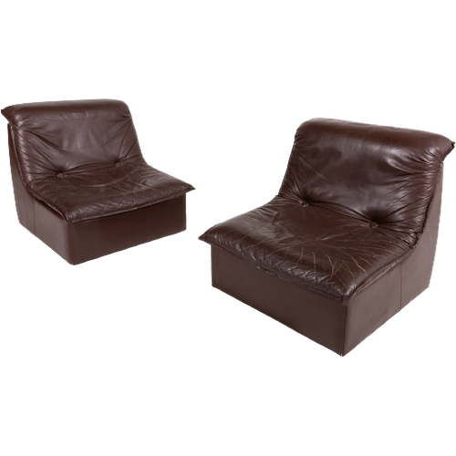 Pair Of Vintage Italian Design Brown Leather Lounge Chairs / Fauteuils , 1980’S