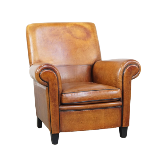 Grote, Stoere En Comfortabele Vintage Cognac-kleurige Schapenleren Fauteuil/armchair 1