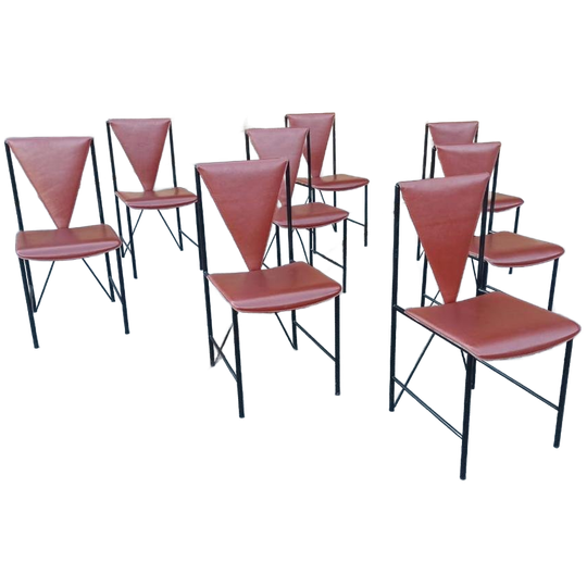 Set Van 8 Vintage Postmodern Leren Eetkamerstoelen 1
