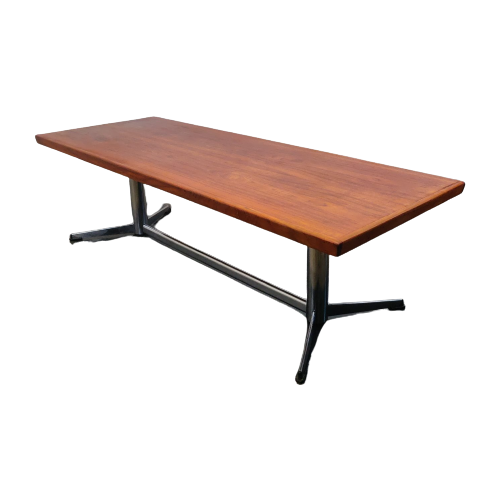 Elongated Teak Coffee Table With Metal Base