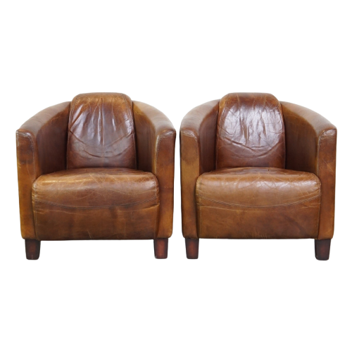 Set Van 2 Unieke, Subtiele En Zeer Comfortabele Rundleren Aviator Design Fauteuils/ Armchairs