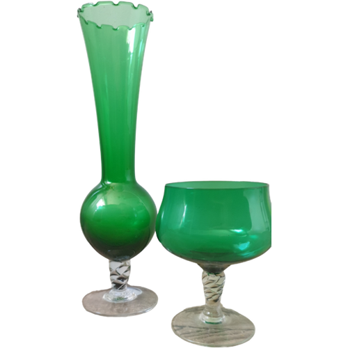 2 Delige Vintage Empoli Glas Set Vaasje En Groot (Wijn)Glas