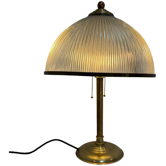 Art Deco - Xl Table Lamp - Holophane Glass - Brass Base, Teo Sockets 1