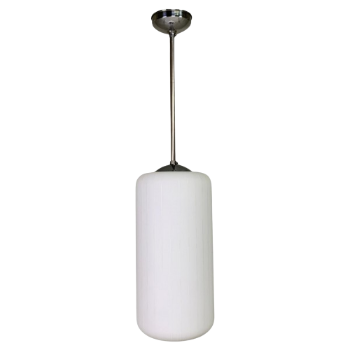 Vintage Hanglamp Met Cilindervormige Wit Glazen Kap, Jaren 50