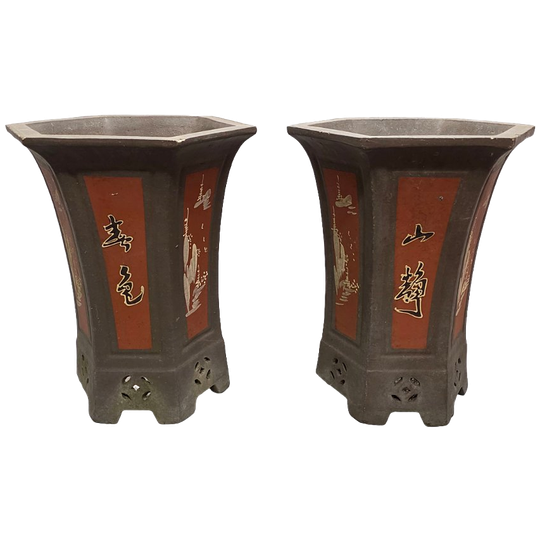 Stel Chinese Steengoed Tuinpotten, Eind 20e Eeuw 1