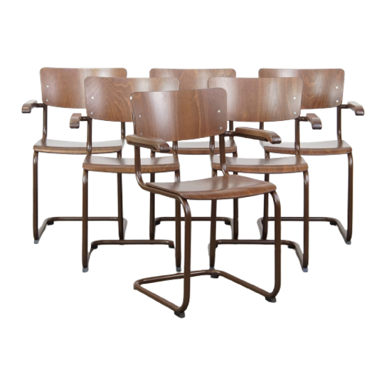 Zeer Mooie Set Van 6 Vintage Thonet Design Eetkamer/Bijzet/Vergaderstoelen Met Armleuningen Model 1