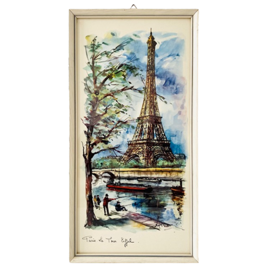 Mid-century Waterverf Schilderij Parijs Eiffeltoren Arno 1970’s 1
