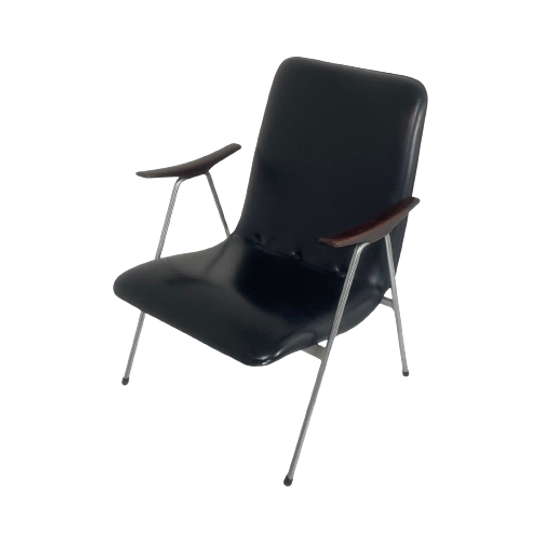 Lounge Chair - Dutch, Ca. 1960’s - Black Skai, Wooden Armrests And A Metal Frame - Attr. To Teefelen 1