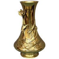 Bronzen Massieve Vaas, Versierd Met Figuren Van Een Vogel En Een Klaproos.