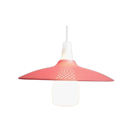 Opaline Glass Pendant Lamp With Red Perforated Shade 1960s 1
