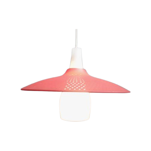 Opaline Glass Pendant Lamp With Red Perforated Shade 1960S