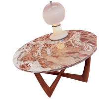 Round Red / Pink Marble Coffeetable With Mid Century Wood Base