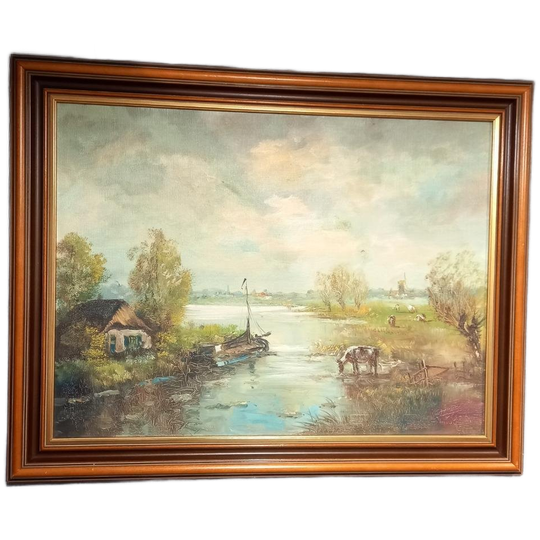 Antiek Xl Olieverf Schilderij Op Linnen 1