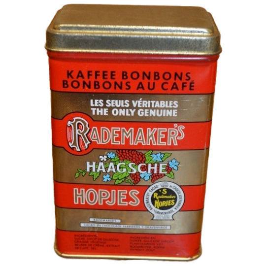 Nederlands Snoepblik Rademaker’s Haagsche Hopjes – Rood-goud Gestreept 1