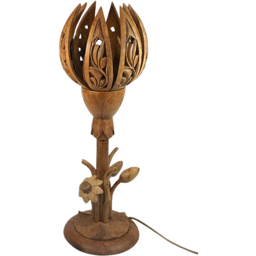 Vintage Houten Tafellamp Lotus Bloem