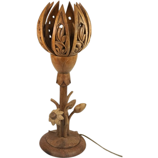 Vintage Houten Tafellamp Lotus Bloem 1